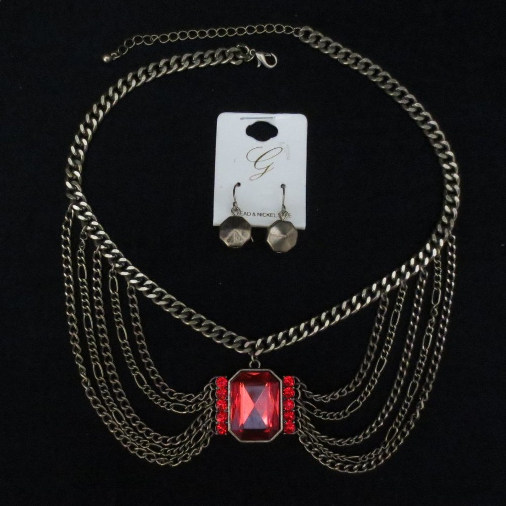 NEW Necklace Pierced Earrings Set Gothic Style Red Rhinestone Brass Chain Collar